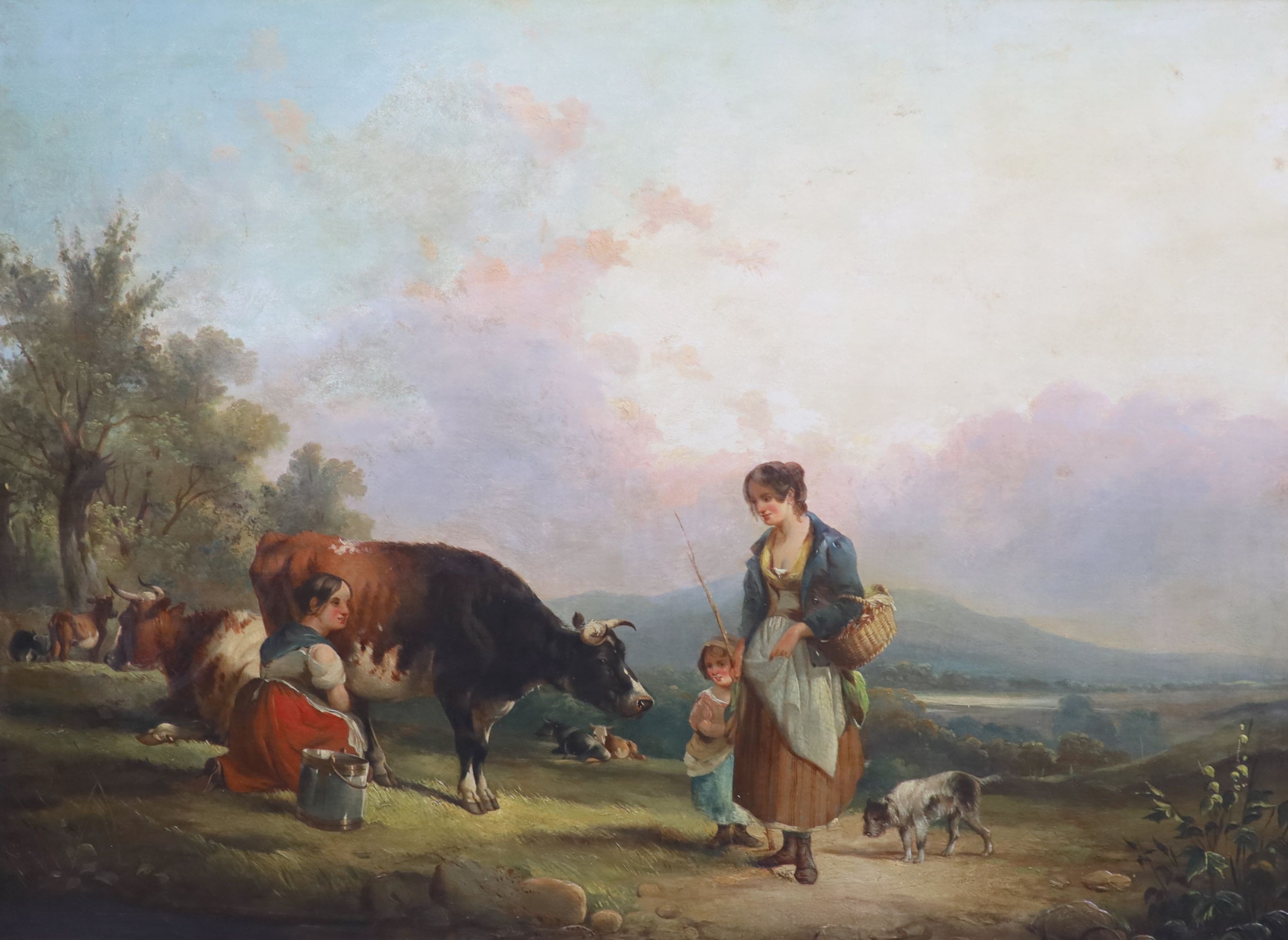 William Shayer Snr (1787-1879), Country folk on a path with a milkmaid and cow, Oil on canvas, 55 x 75cm.